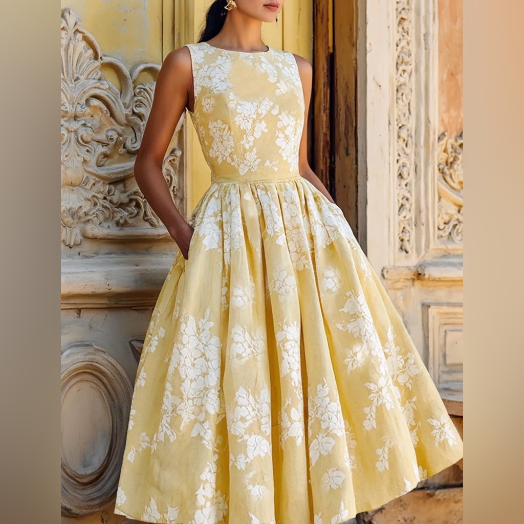 Sunny Yellow Floral Midi Dress #140